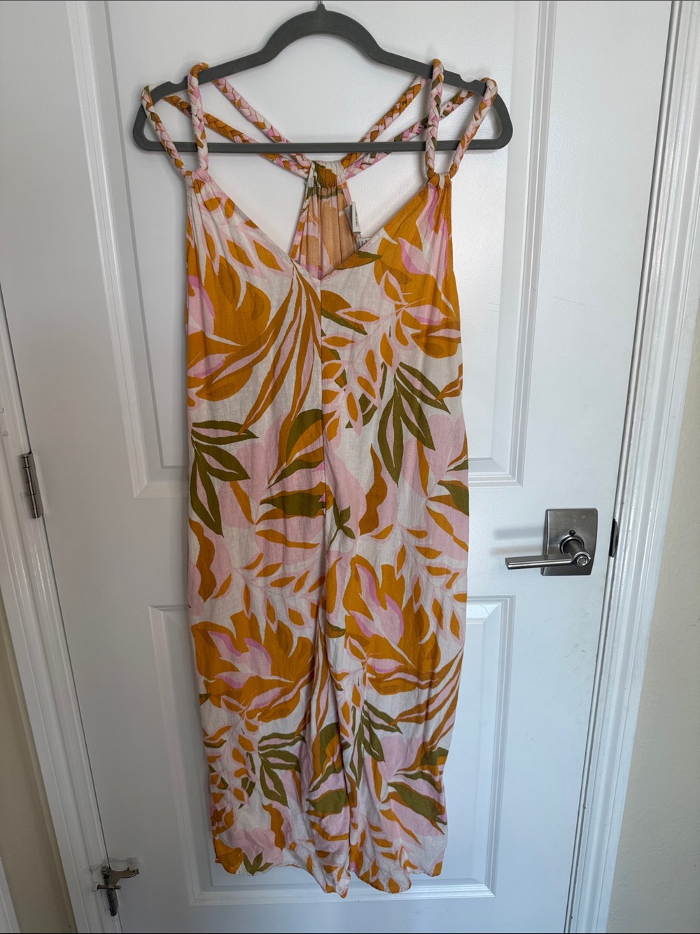 C&C California Pink and Mustard Leaf Print Linen Blend Midi Dress